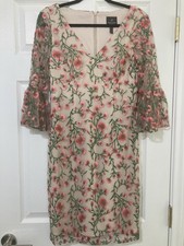 Adriana Papell Dress Women’s 4 Floral Embroidered Pink Sheer Flutter Sleeves