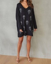 Venti6 Silver Lurex Skulls Print Tunic Sweater Dress Size M/L