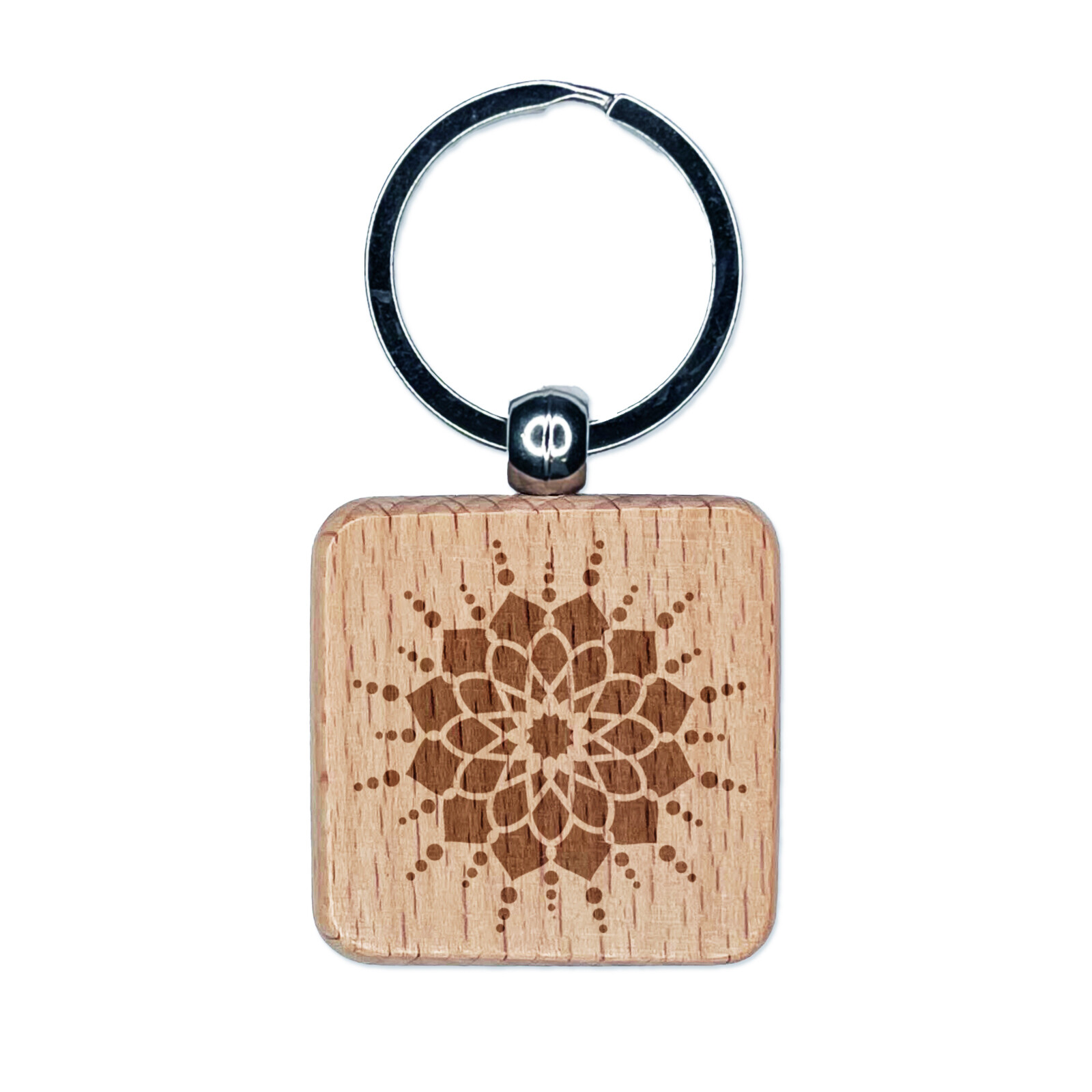 Mandala Flower Simple Engraved Wood Square Keychain Tag Charm