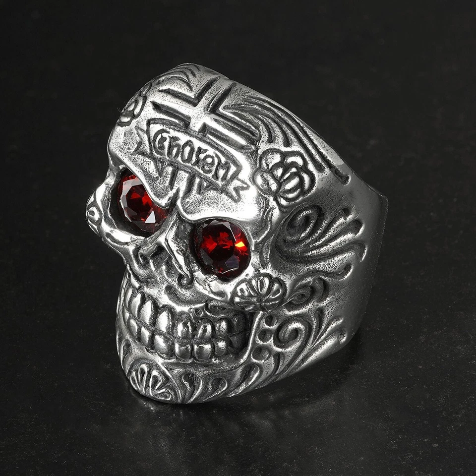 925 sterling silver handmade Carved punk Ruby eyes Skull heavy men's larger Ring - Image 4 of 4