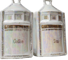 German Pearl Lusterware Canisters Coffee Tea Lids Opalescent 22 Kt Gold Trim