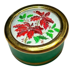 Vintage Chokin Poinsettia Christmas trinket box 24K Gold Trim. Gold green Japan