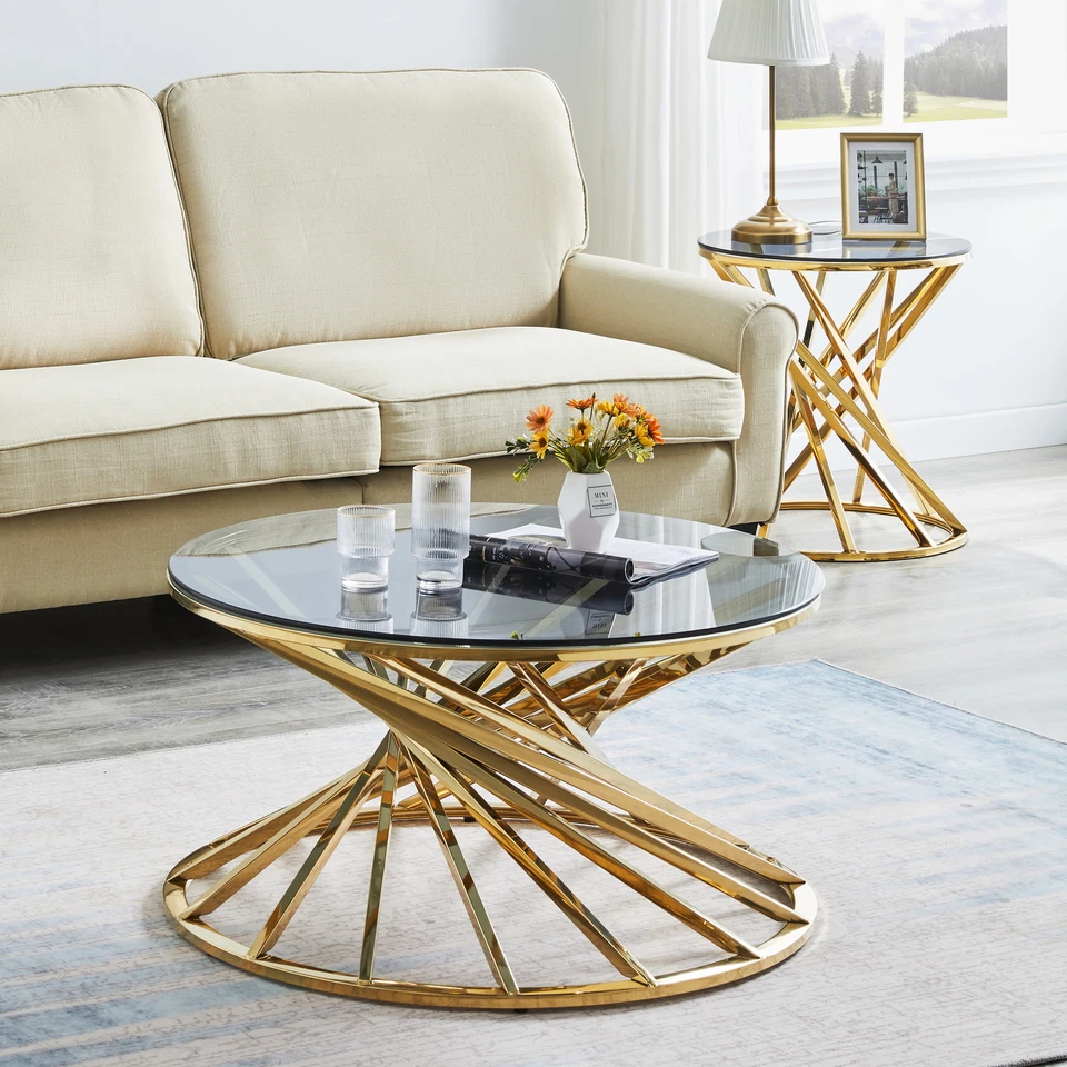 Round Coffee Table and Side Table With Smoked Glass Top Living Room Furniture - Image 2 of 4