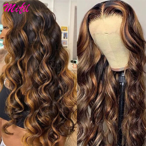 Highlight Wig Human Hair Honey Blonde Body Wave Brown Colored Lace Front Wigs - Afbeelding 1 van 18