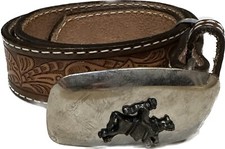 VTG DDD FULL GRAIN COWHIDE TOOLED BELT BULL RIDING BUCKLE 28 UNISEX RODEO COWBOY