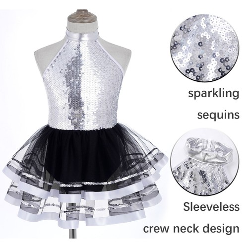 Girls Sequins Ballet Dance Halter Dress Gymnastics Jazz Latin Ballroom Costume - Picture 12 of 32