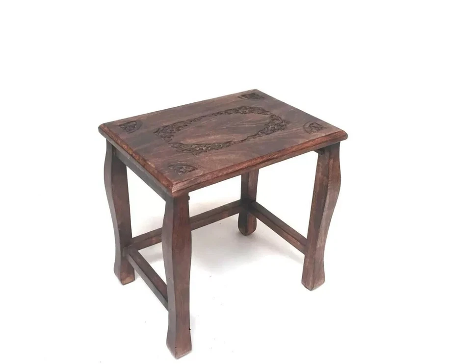 Set of 4 Nesting Table Hand Carved made wt/ Solid Indian Wood|Set of 4 Stool Set - Image 3 of 4
