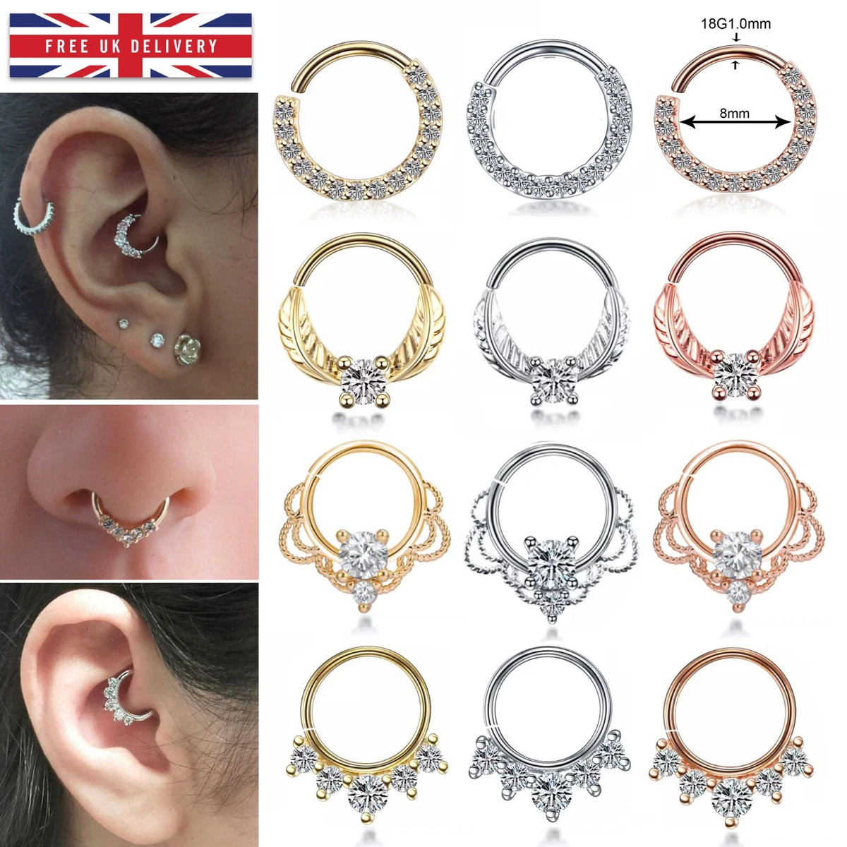 Daith Septum Piercing Nose Ear Ring 8mm Hoop Rhinestone 18G Silver Clear Crystal
