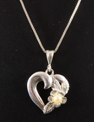 STERLINGSILBER Kette Halskette SUPER SÜSS OFFENES HERZ ANHÄNGER Creme Perle BLUME
