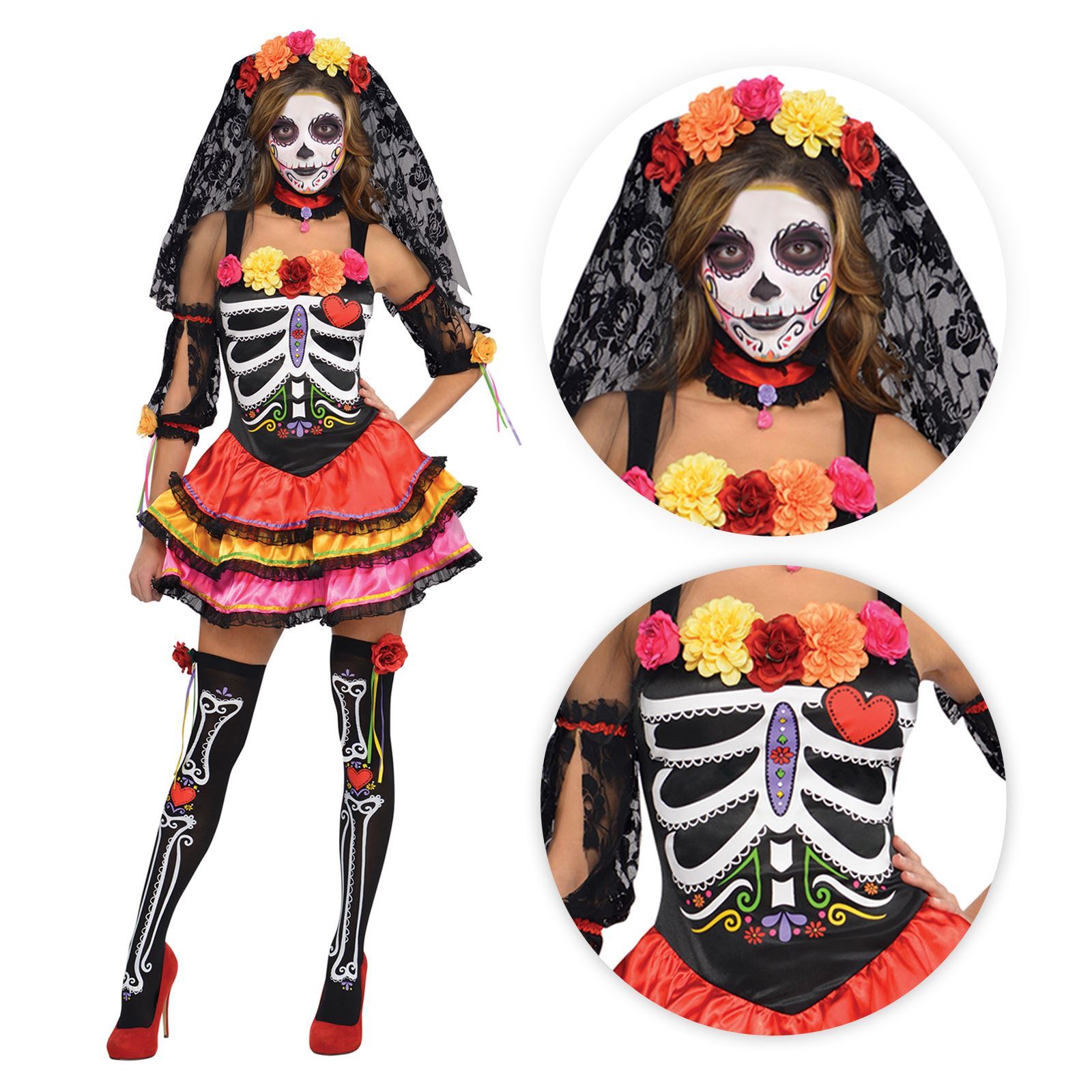 Mujer Day of the Dead Senorita Azúcar Esqueleto Halloween Disfraz GB