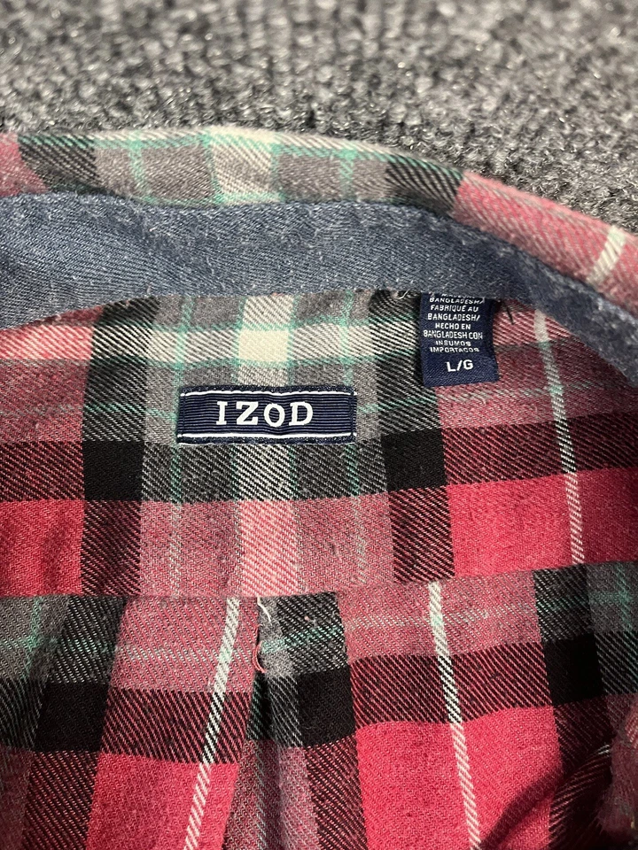 Izod Mens Red Plaid Long Sleeve Casual Flannel Button Down Shirt Size L Holiday - Image 3 of 4