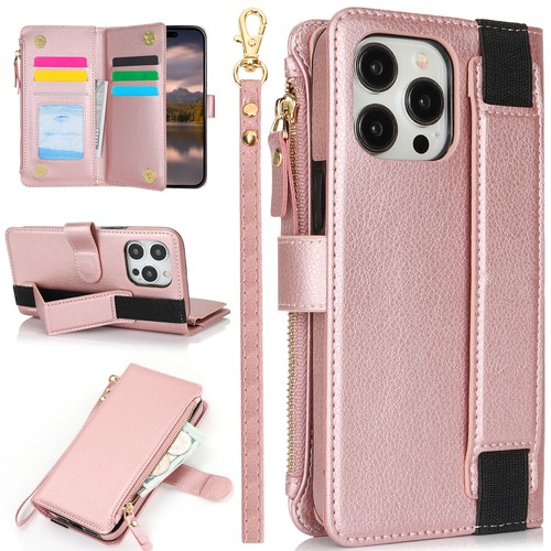 For iPhone 16 15 14 13 12 Pro Max Plus Leather Zip Wallet Case Flip Cover Strap - Picture 49 of 97