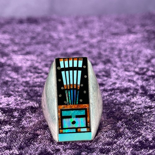 Native American Navajo Sterling Silver Ring 925 Gilbert Smith Night Sky Jet Opal - Picture 2 of 7