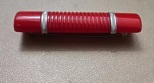 VTG Cherry Red Bakelite Bar Pin Brooch Carved Lines 3" - Picture 2 of 5