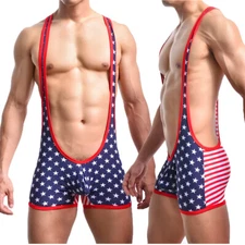 Hot American Flag Printed Brief Jockstrap Mankini Bodysuit Underwear Jumpsuit