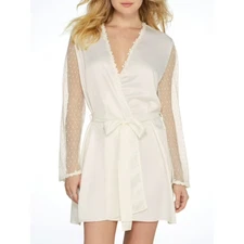 NWT! Flora Nikrooz Sz L Showstopper Charmeuse Cover-Up Short Satin Robe Ivory