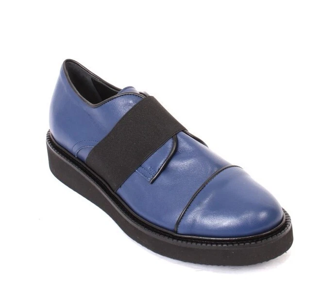 Isabelle 292 Blue Black Leather Elastic Platform Wedge Shoes 37.5 / US 7.5