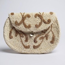 Vintage Hand Made Beaded Purse Ivory Silk Lined Coin Clutch Made Belgium