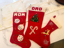 3 Vintage Christmas Stockings Red Felt Glitter Appliqu s Mom Dad Baby Child Lot