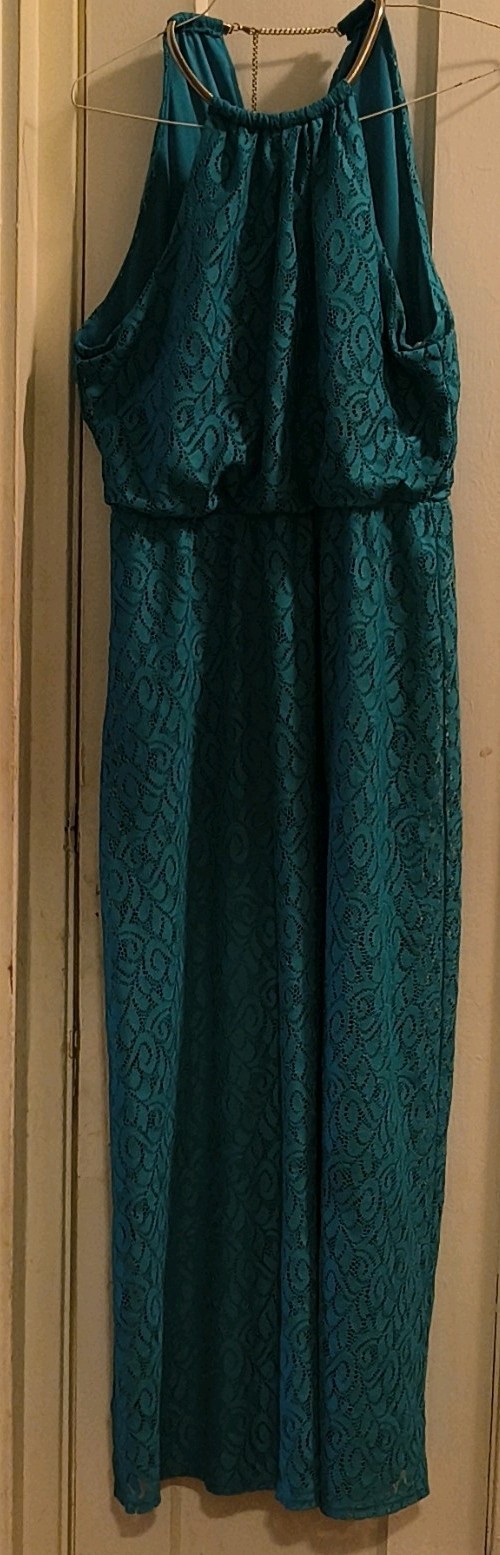 BISOU BISOU Teal Lace Halter Sleeveless Maxi Dress Paisley Lined 14 Long