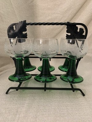 Vintage Luminarc France Wrought Iron 7 Pc. Set 6 Glasses Green Etch Beehive Wine