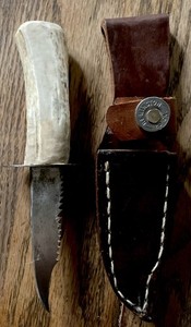 DEER ANTLER KNIFE LEATHER SHEATH Real REMINGTON 20 GA Bullet Snap Handcrafted 7”