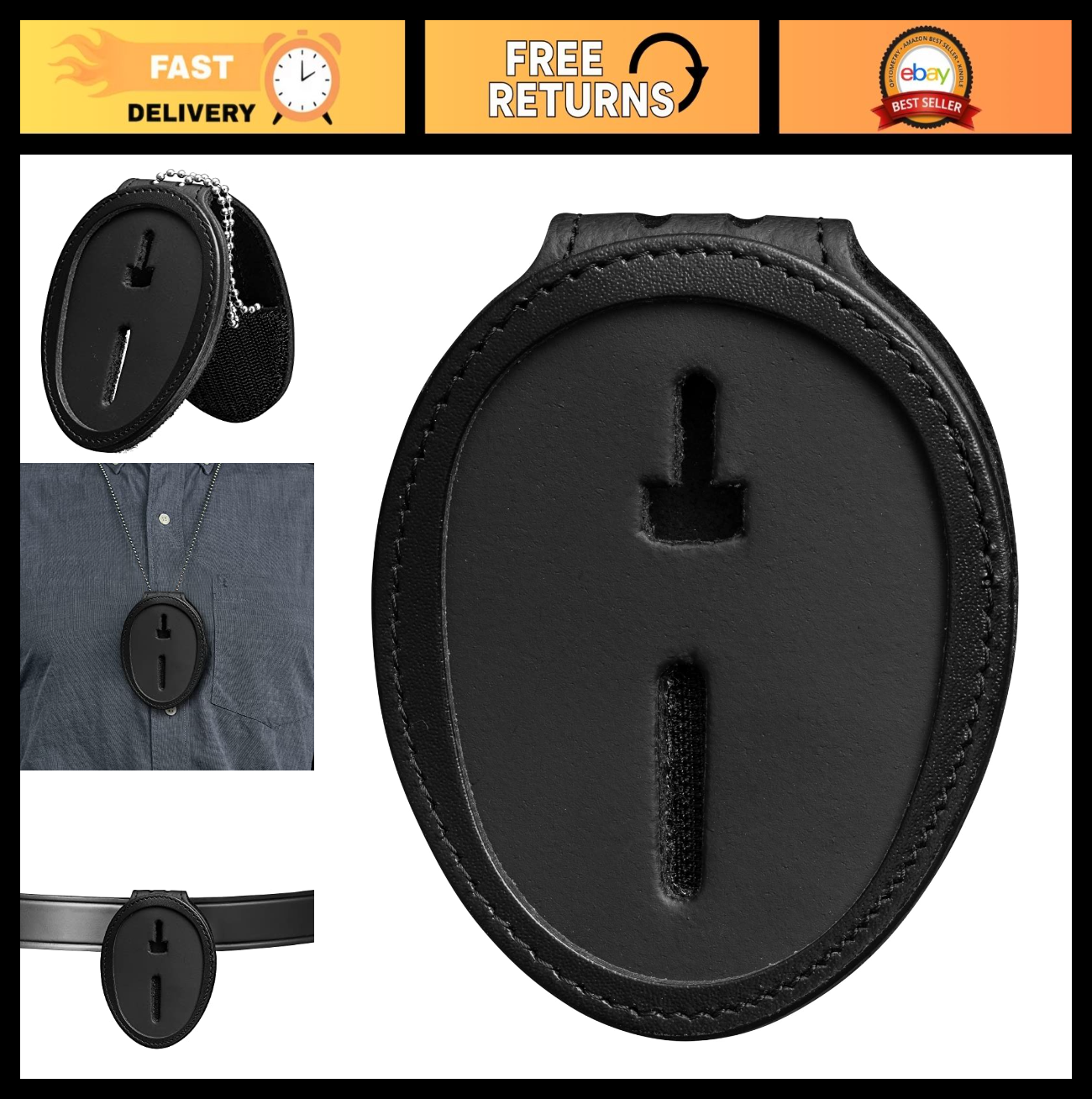 Black Leather Police Badge Holder with Neck Chain - Austin Texas Shield Wallet