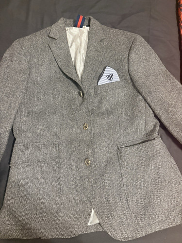 Mango Men's Gray Herringbone Double-Breasted Tuxedo Blazer Elbow Patches M