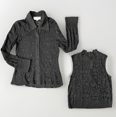 St. John Evening Twinset Jacquard Shirt 4 Tank 2 Floral Lace Knit Paillette 2 pc