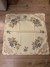 Vintage Embroidered Tablecloth 85x85cm Floral Cutwork Square Cream Lemon Tulips