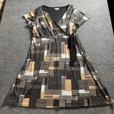 Avenue Geometric Patchwork Faux Wrap Midi Dress Black Tan Side Tie Stretch