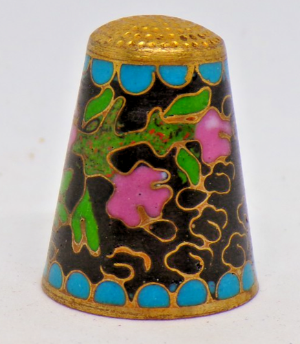 Vintage Chinese Cloisonné Thimble Pink Floral Black Enamel Brass Collectible - Picture 3 of 6