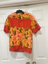 Vintage 60s 70s Hawaiian Togs Mens L Bright Orange Floral Barkcloth Aloha Shirt