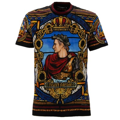 DOLCE & GABBANA Julius Cäsar Krone Print Baumwolle T-Shirt Schwarz Blau 48 M 