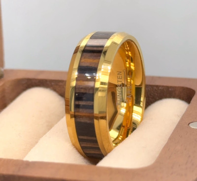Zebra Wood Inlay  Stylish Ring Fiancé Ring Sleek Gold Plated Tungsten Ring