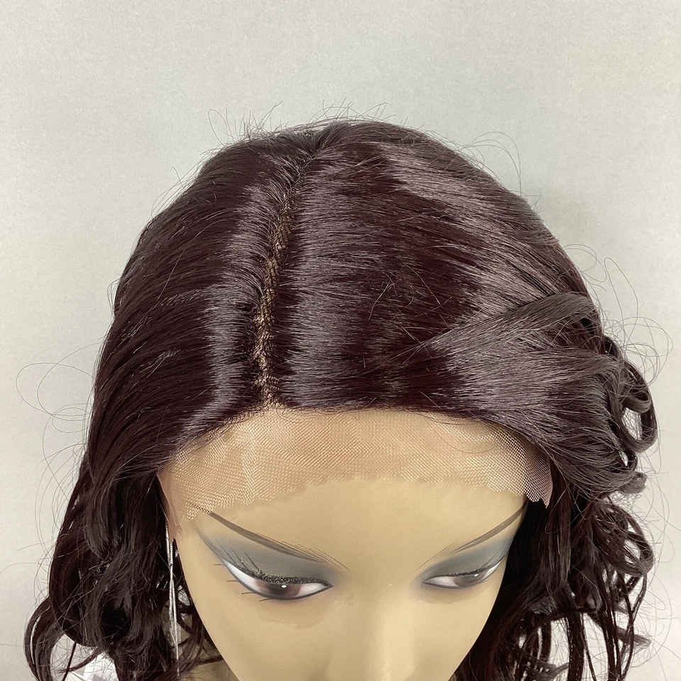 Peluca RNB 99J ciruela oscura corta ondulada curva profunda parte lateral encaje frontal sintético Foto 2 de 4