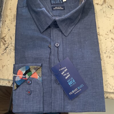 Primary Blues Men s Long Sleeve Collard Button Up Shirt  Slim Fit M Low Cost
