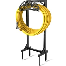 Garden Hose Holder with 4 Spikes & 2 Tool Hooks, Freestanding Water Hose Holders