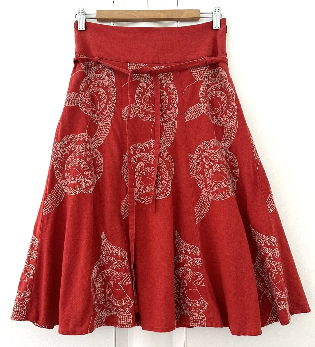 NEXT. RED LINEN MIX LINED EMBROIDERED SKIRT TIE BELT. SIZE 6 eBay