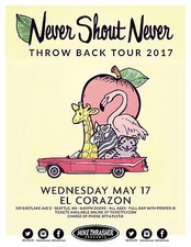 NEVER SHOUT NEVER "THROW BACK TOUR 2017" SEATTLE CONCERT POSTER -Alt /Indie Rock