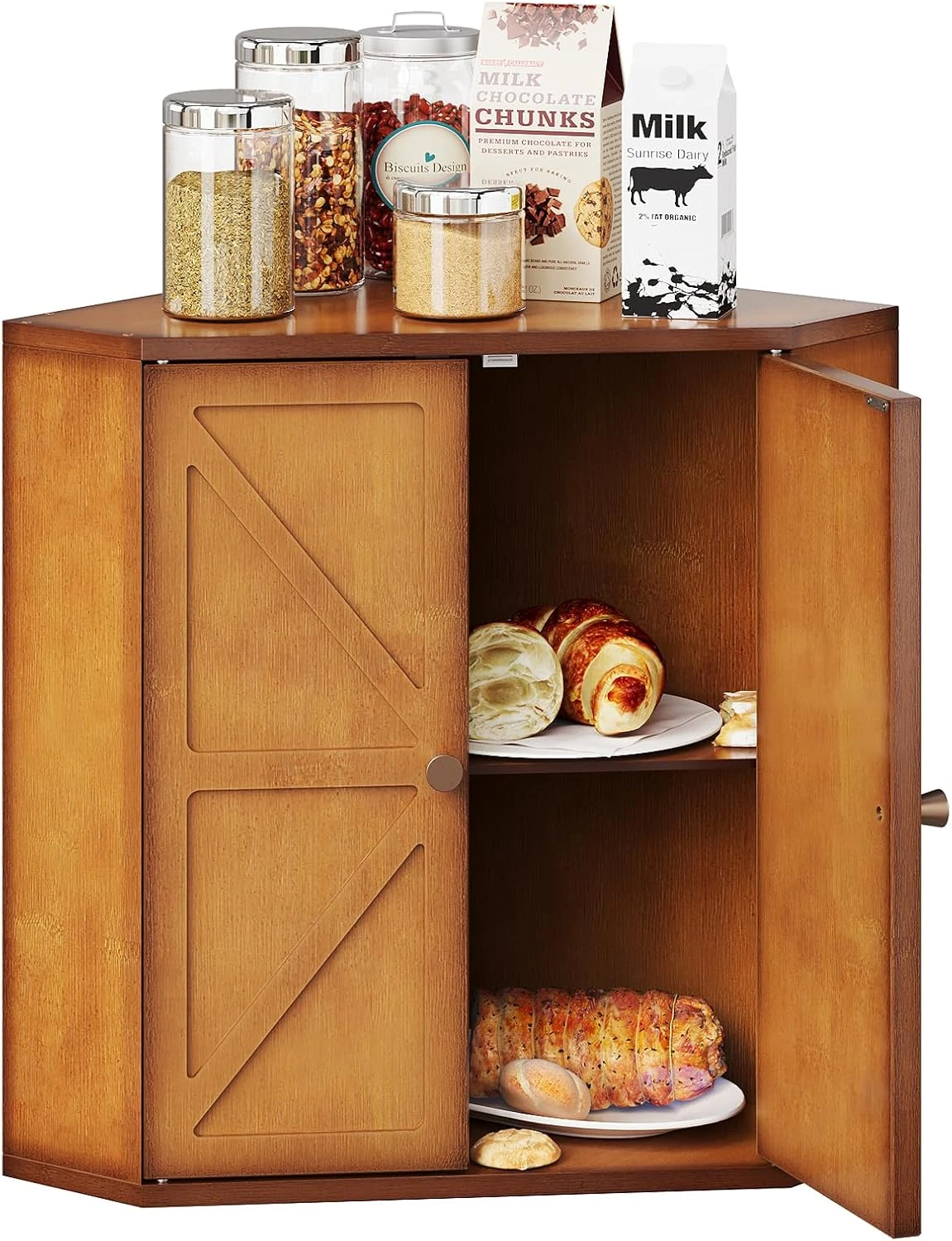 Double Layer Bamboo Corner Bread Box - Large Capacity Antique Brown Organizer