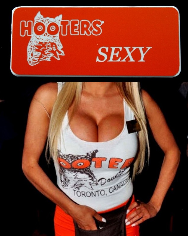 Hooters Uniform Engraved Sexy Name Tag Pin Back Dress up Role Play Badge Orange
