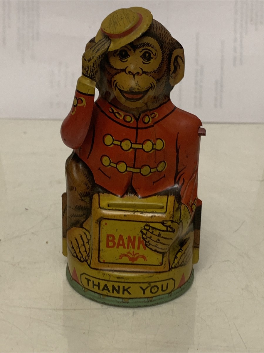 VINTAGE J CHEIN TIN MONKEY BANK. LITHOGRAPHED MECHANICAL THANK YOU