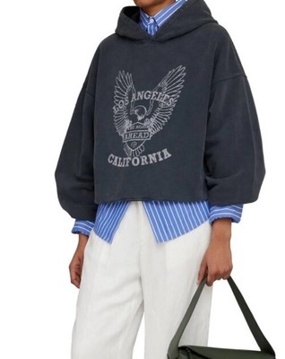 Anine Bing Womens The Rowe Eagle Graphic Hoodie Washed Black Streetwear Designer