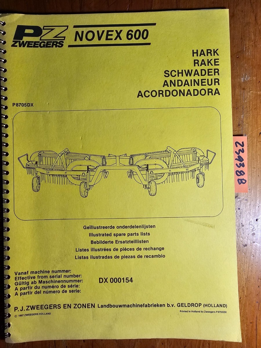 PZ Zweegers Novex 600 Rake Parts Manual P8705DX 1987 | eBay