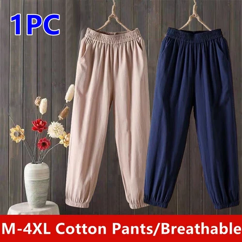 Retro Cotton Harem Pants with Pockets Women Elastic Waist Loose Casual Plus Size - Picture 2 of 22
