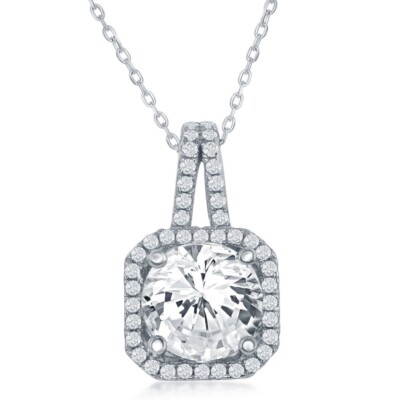 Sterling Silber Quadrat mit großer CZ Mitte & CZ Rand Anhänger Kette Halskette