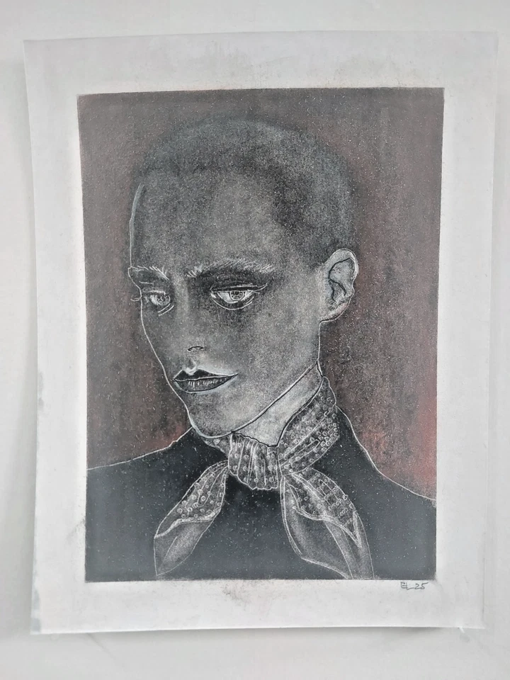 Dibujo de retrato original carbón - ÚNICO arte contemporáneo negro y rojo, 6,75x9 I Foto 2 de 4