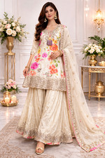 Floral Cream Sharara Set 3-Piece Ethnic Outfit Kurta Dupatta Size 44 XXL 