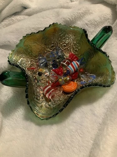 Vtg Green Carnival Glass Two-Handled Bon Bon Candy Dish With 10 Pc Glass Candy